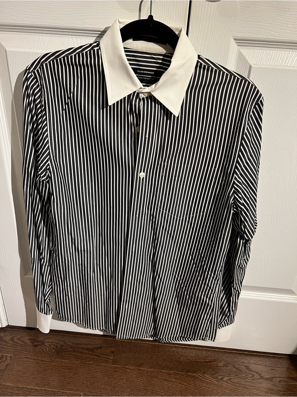 Club Monaco Black & White Stripe Dress Shirt with Contrast Collar